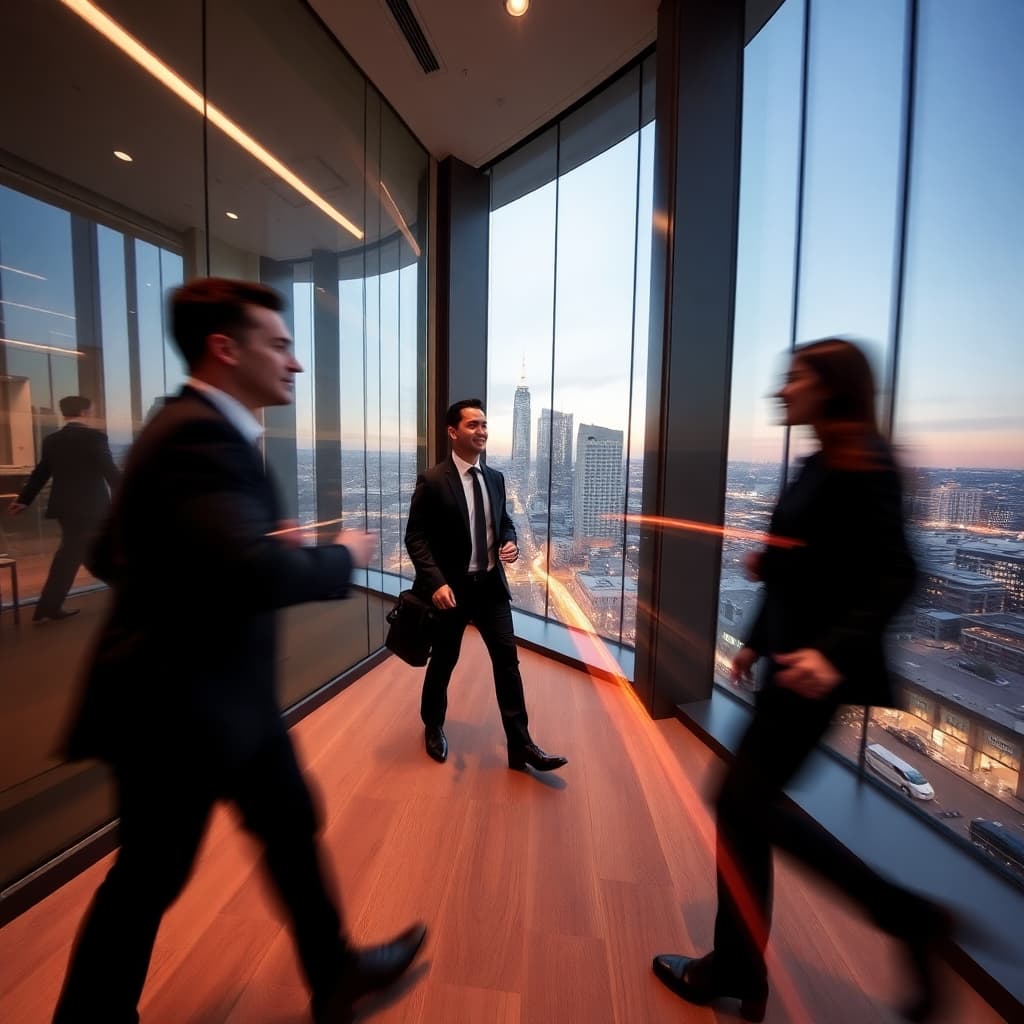 Business professionals walking through modern office